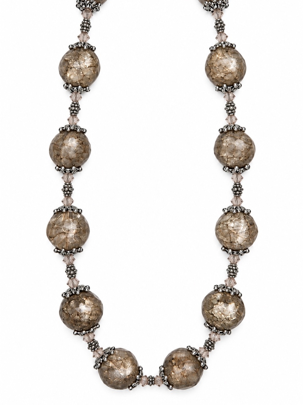 Handmade Statement Smoky Taupe Crackle & Dainty Pink Beaded Necklace - Picture 2 of 5